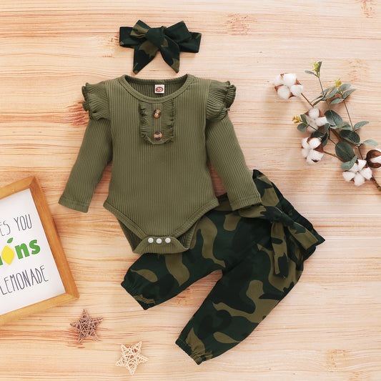 Camouflage Baby Clothes for Girls 3Piece Baby Outfit Knitted Sets for Baby Long Sleeve Toddler Spring Clothing with Headband