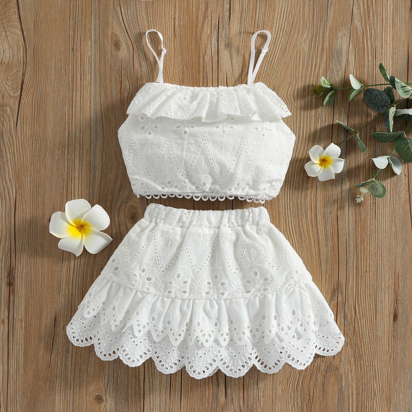 2pcs Kid Baby Girls Summer Clothes Set Sleeveless Lace Hollow Ruffle Camisole + High Waist Skirt Sweet Clothing Outfit