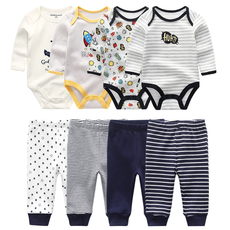 4pcs Baby Bodysuits+4pcs Baby Pants Newborn Clothes Sets Winter Cotton Suits girls boys Custome Roupa de bebe Clothing